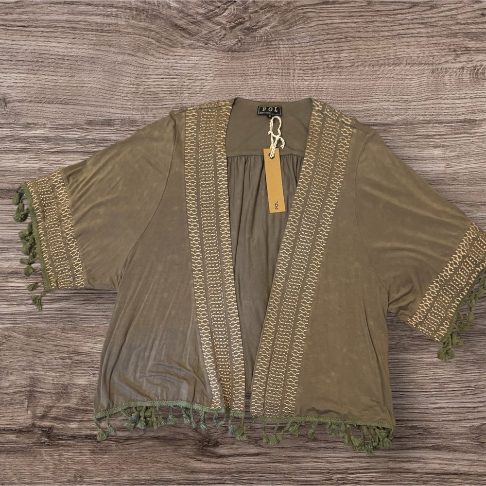 POL Olive Kimono Cardigan with Tassel Trim – Size Small NWT